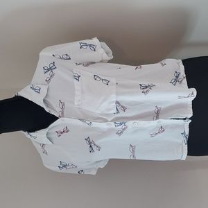 Neutral Cropped Button Down Novelty Top, Japna, Glasses Print, Medium